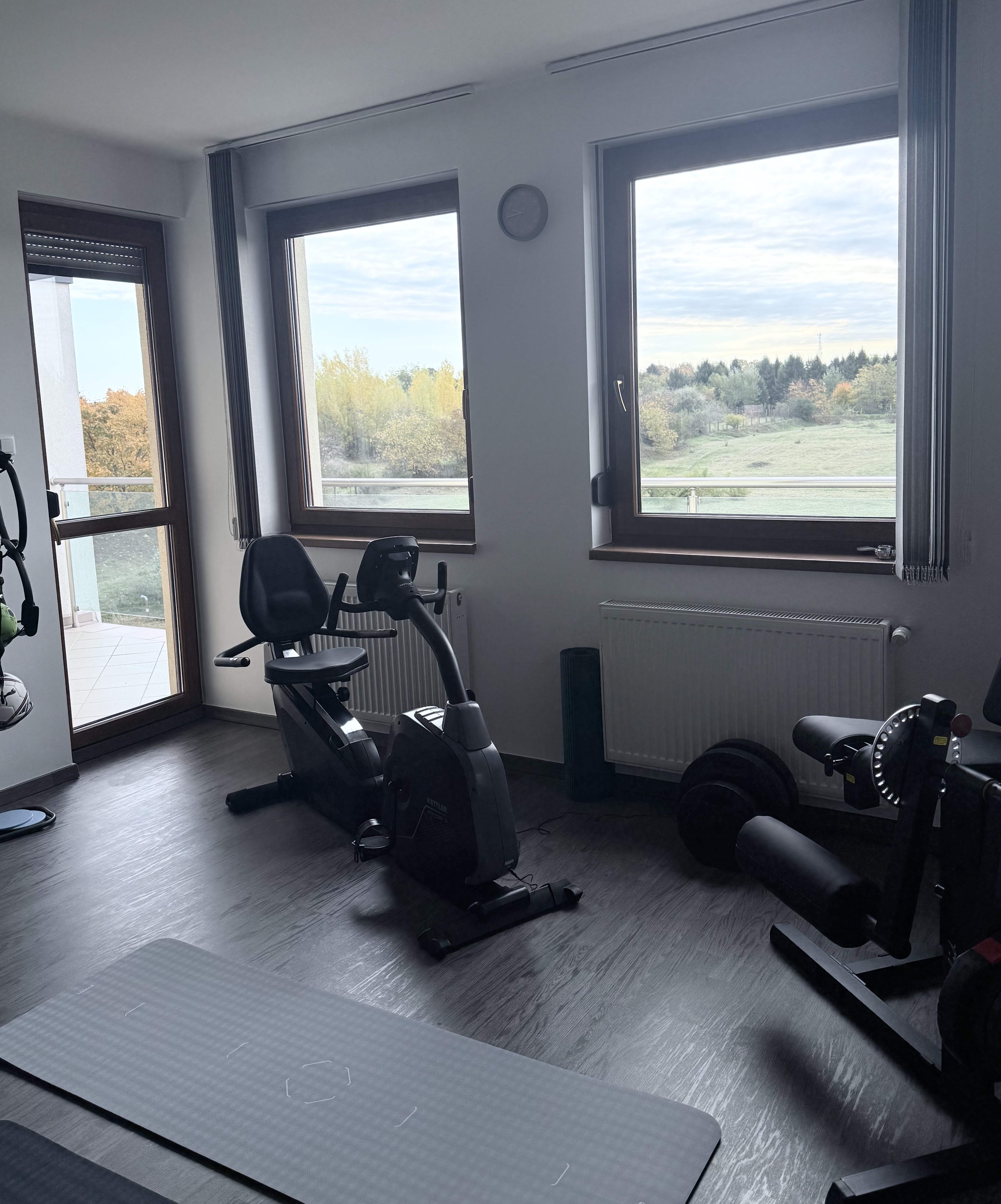 ReStart Physio gyógytorna rendelő Győrben – világos, tágas tornaterem szobabiciklivel és rehabilitációs eszközökkel, kilátással a zöld környezetre.